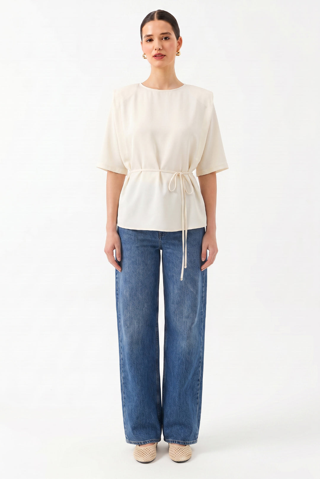 Oversize Yuvarlak Yaka Kısa Kollu Bluz VANİLYA