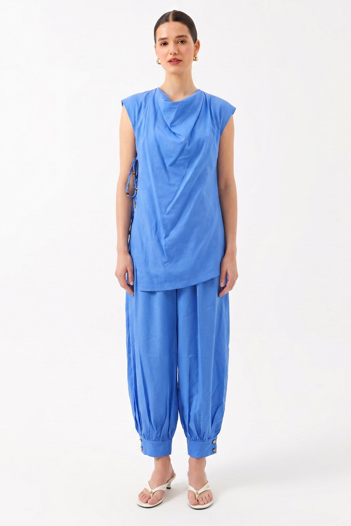 Oversize Degaje Yaka Kolsuz Bluz - Mavi