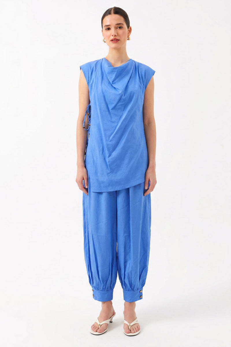 Oversize Degaje Yaka Kolsuz Bluz - Mavi