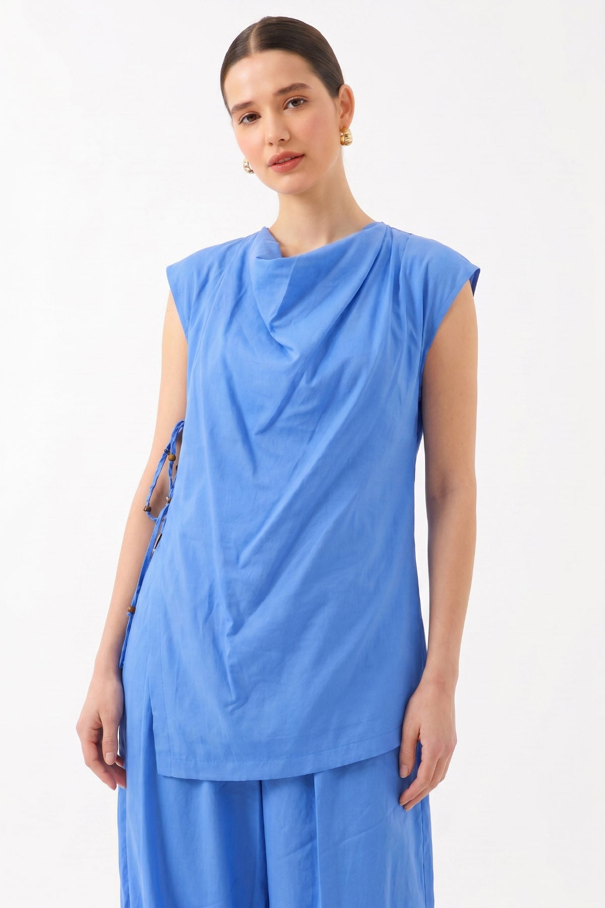 Oversize Degaje Yaka Kolsuz Bluz - Mavi