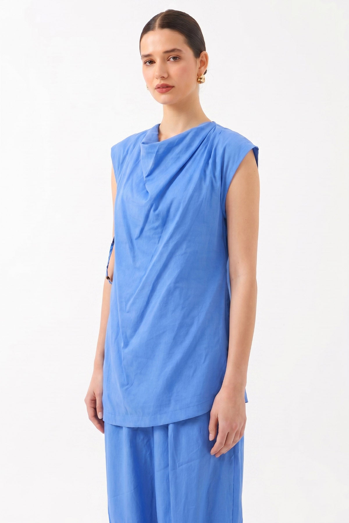 Oversize Degaje Yaka Kolsuz Bluz - Mavi