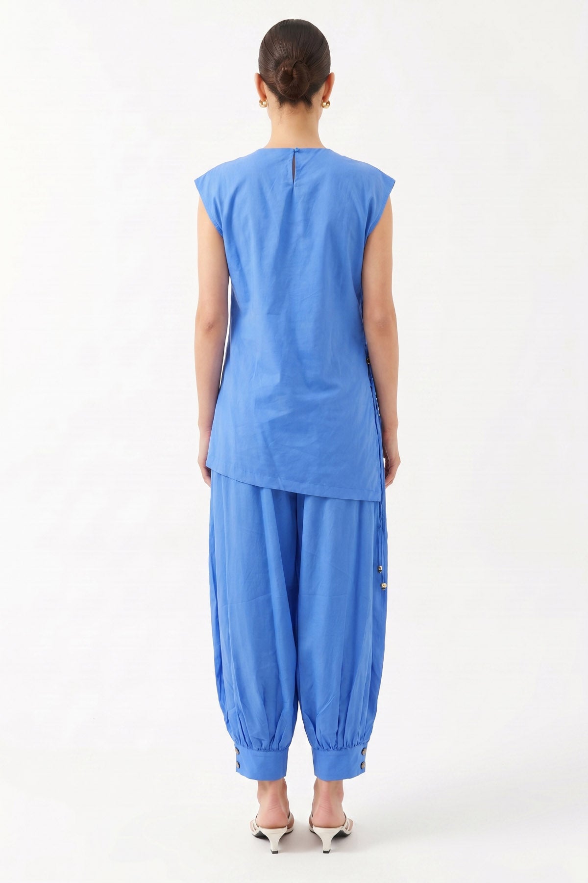 Oversize Degaje Yaka Kolsuz Bluz - Mavi