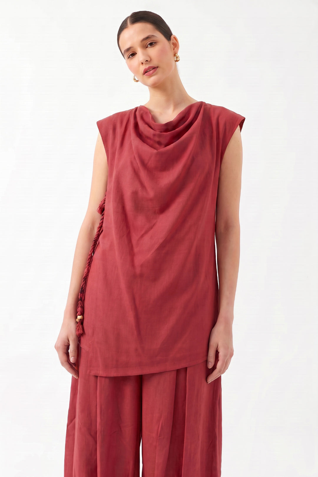 Oversize Degaje Yaka Kolsuz Bluz VİŞNE