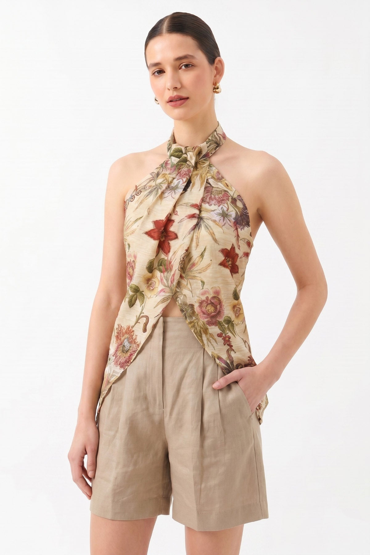 Halter Yaka Kolsuz Desenli Bluz Vanilya