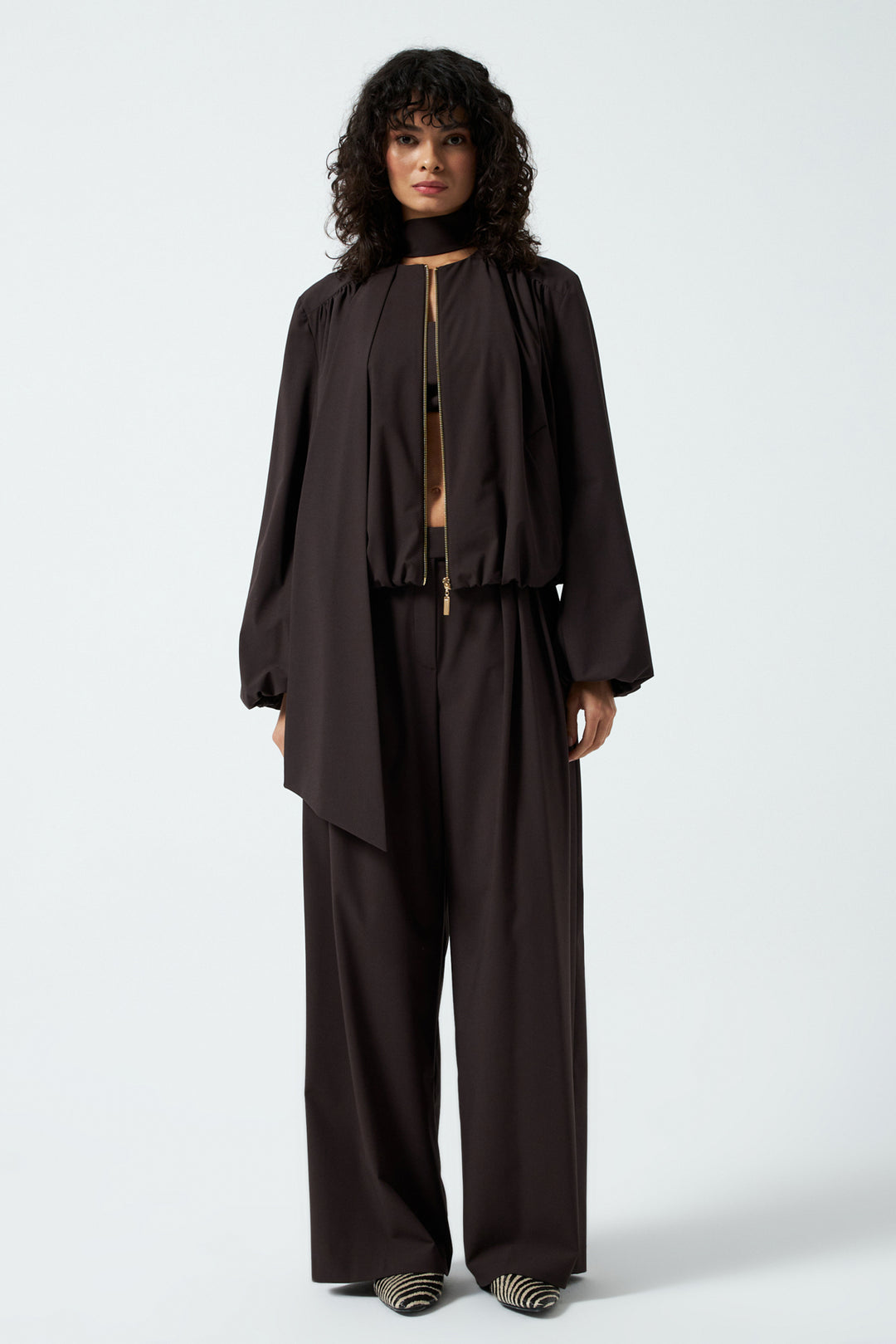 Şal Detaylı Fermuarlı Ceket - Kahverengi