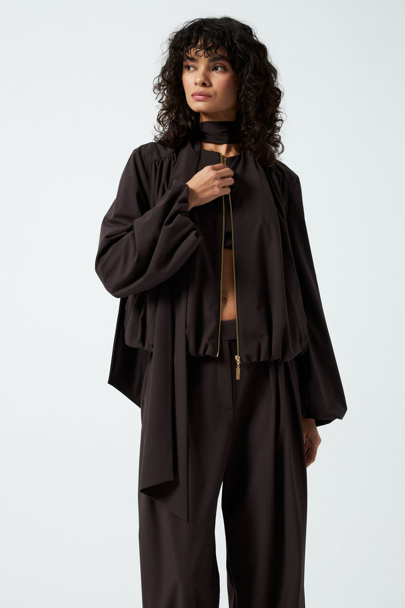 Şal Detaylı Fermuarlı Ceket - Kahverengi