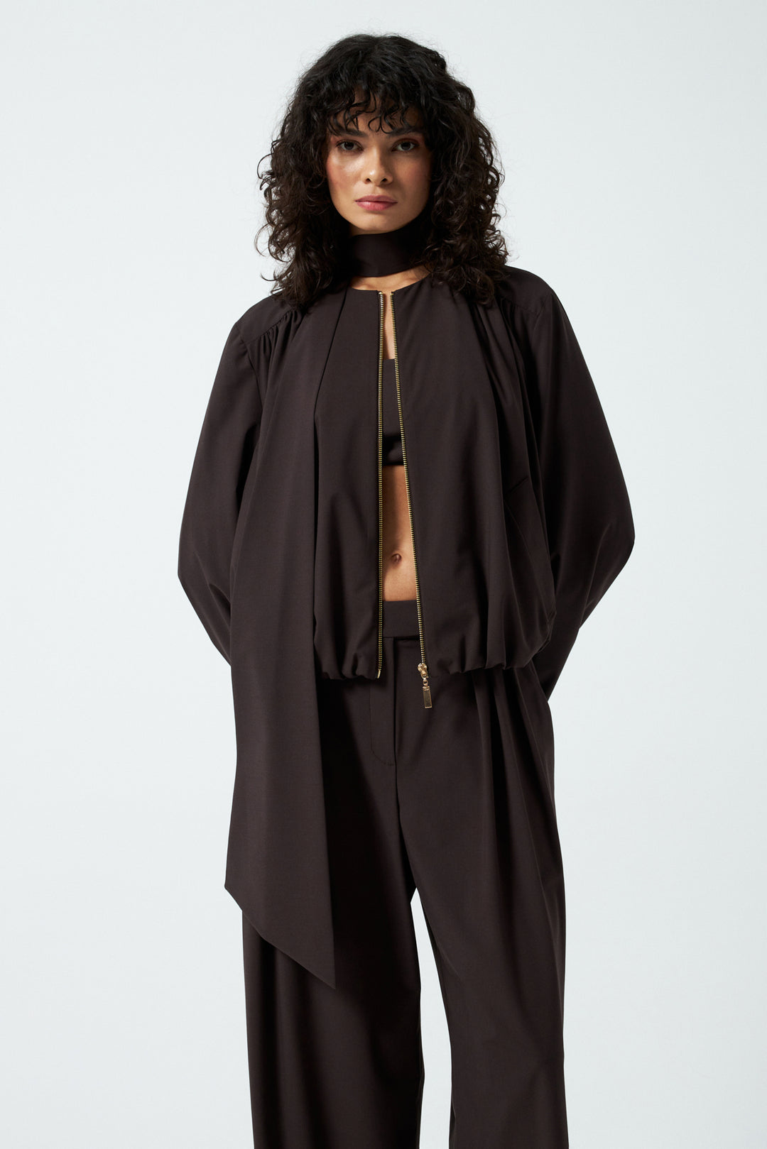 Şal Detaylı Fermuarlı Ceket - Kahverengi