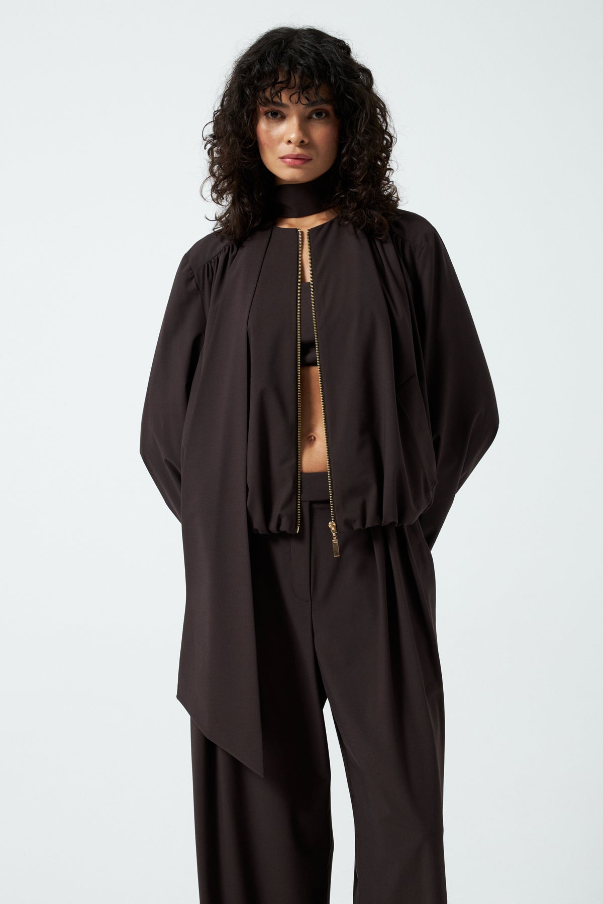 Şal Detaylı Fermuarlı Ceket - Kahverengi