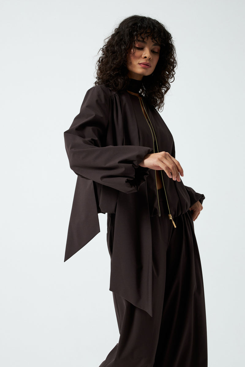 Şal Detaylı Fermuarlı Ceket - Kahverengi