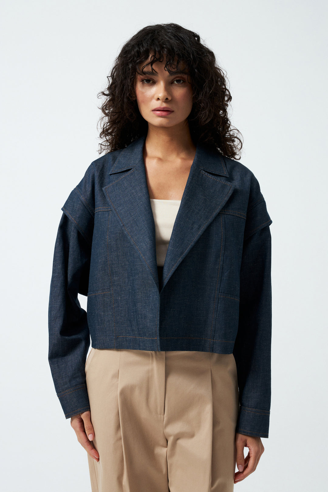 Kruvaze Yaka Crop Ceket - Lacivert