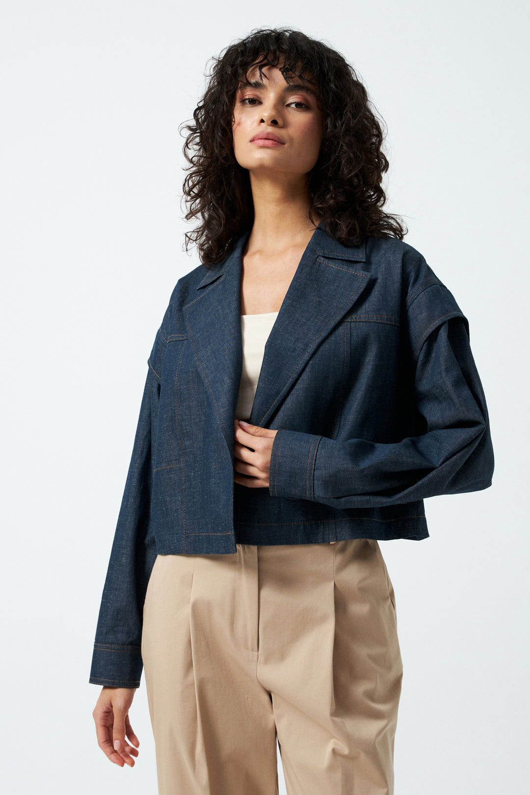 Kruvaze Yaka Crop Ceket - Lacivert