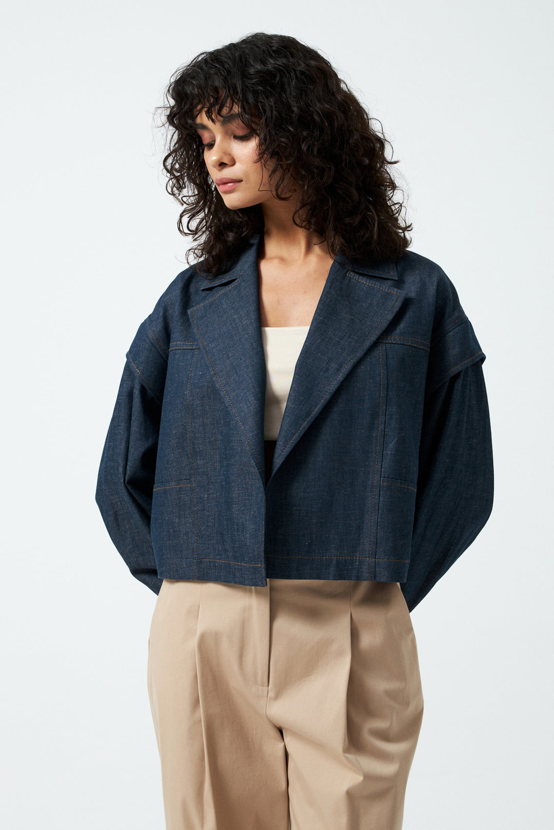 Kruvaze Yaka Crop Ceket - Lacivert