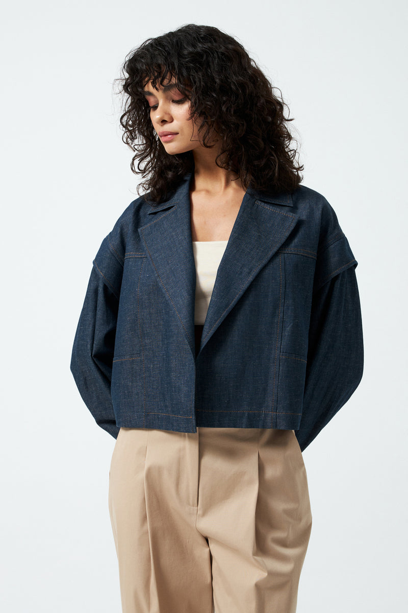 Kruvaze Yaka Crop Ceket - Lacivert