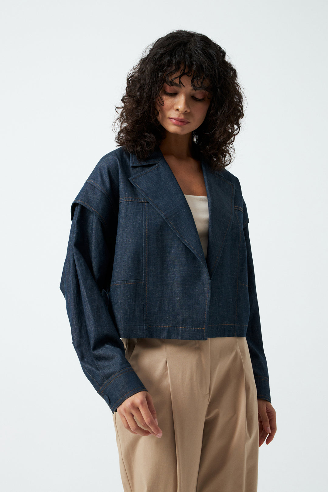 Kruvaze Yaka Crop Ceket - Lacivert