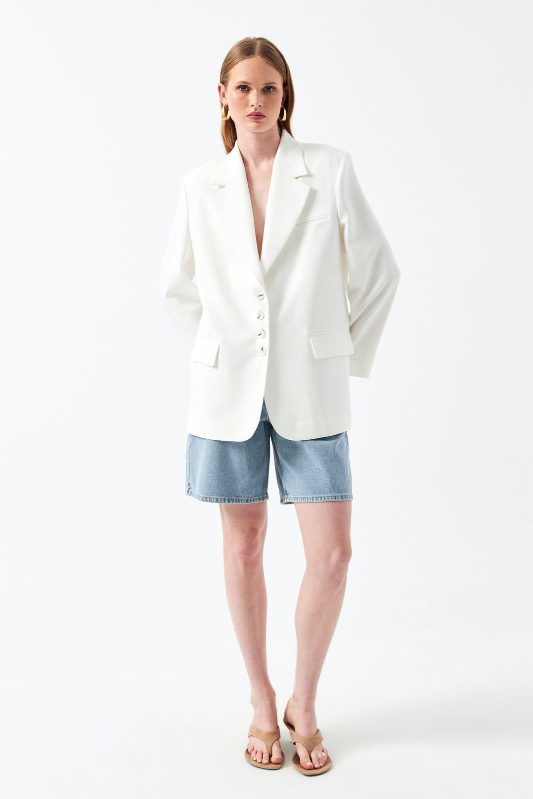 Düğmeli Uzun Blazer Ceket - Ekru