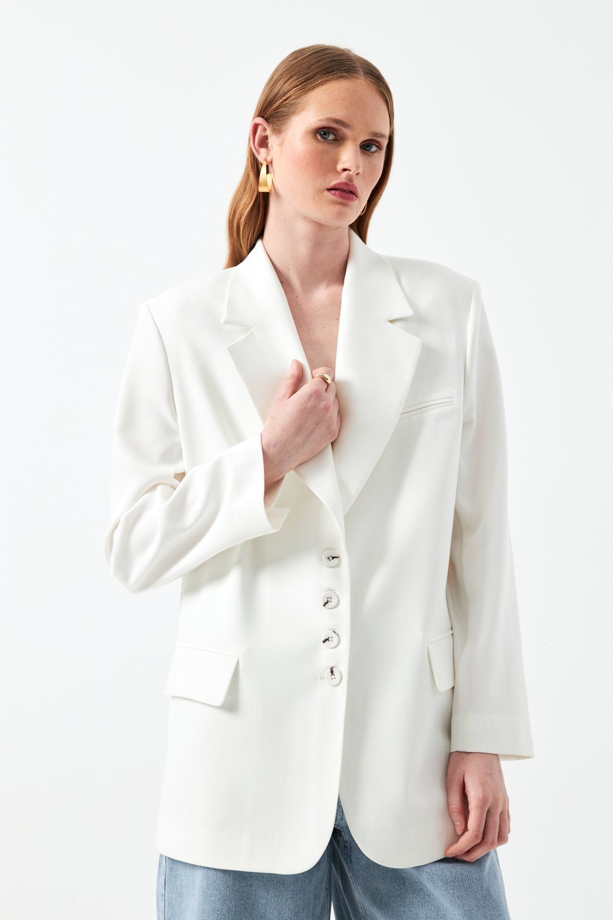 Düğmeli Uzun Blazer Ceket - Ekru