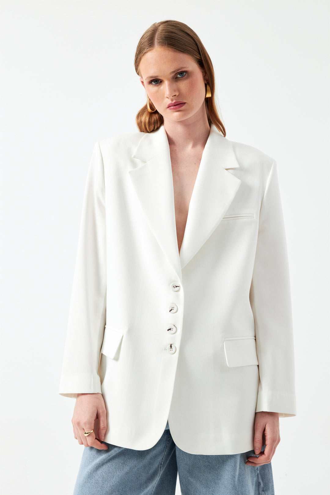 Düğmeli Uzun Blazer Ceket - Ekru