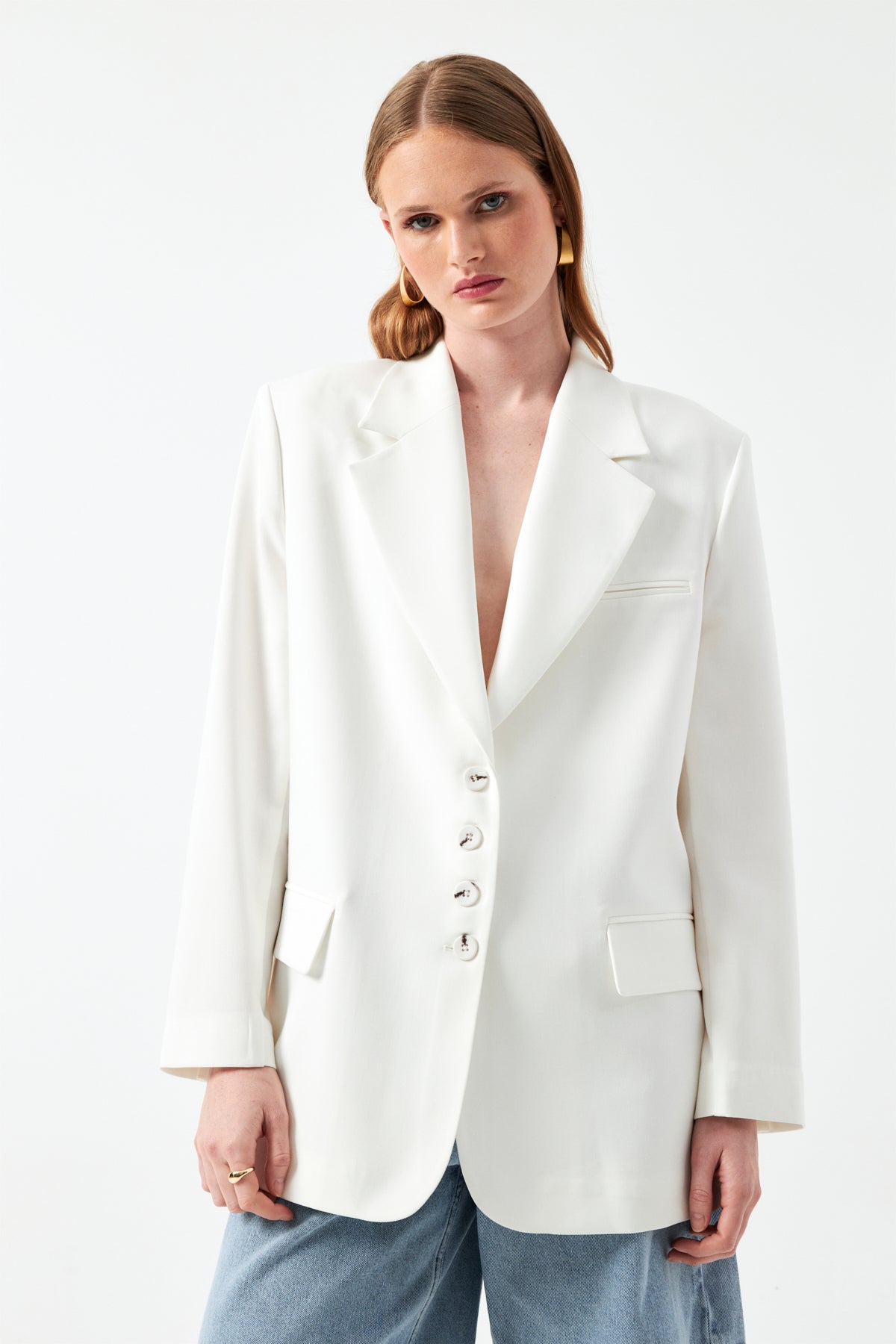 Düğmeli Uzun Blazer Ceket - Ekru