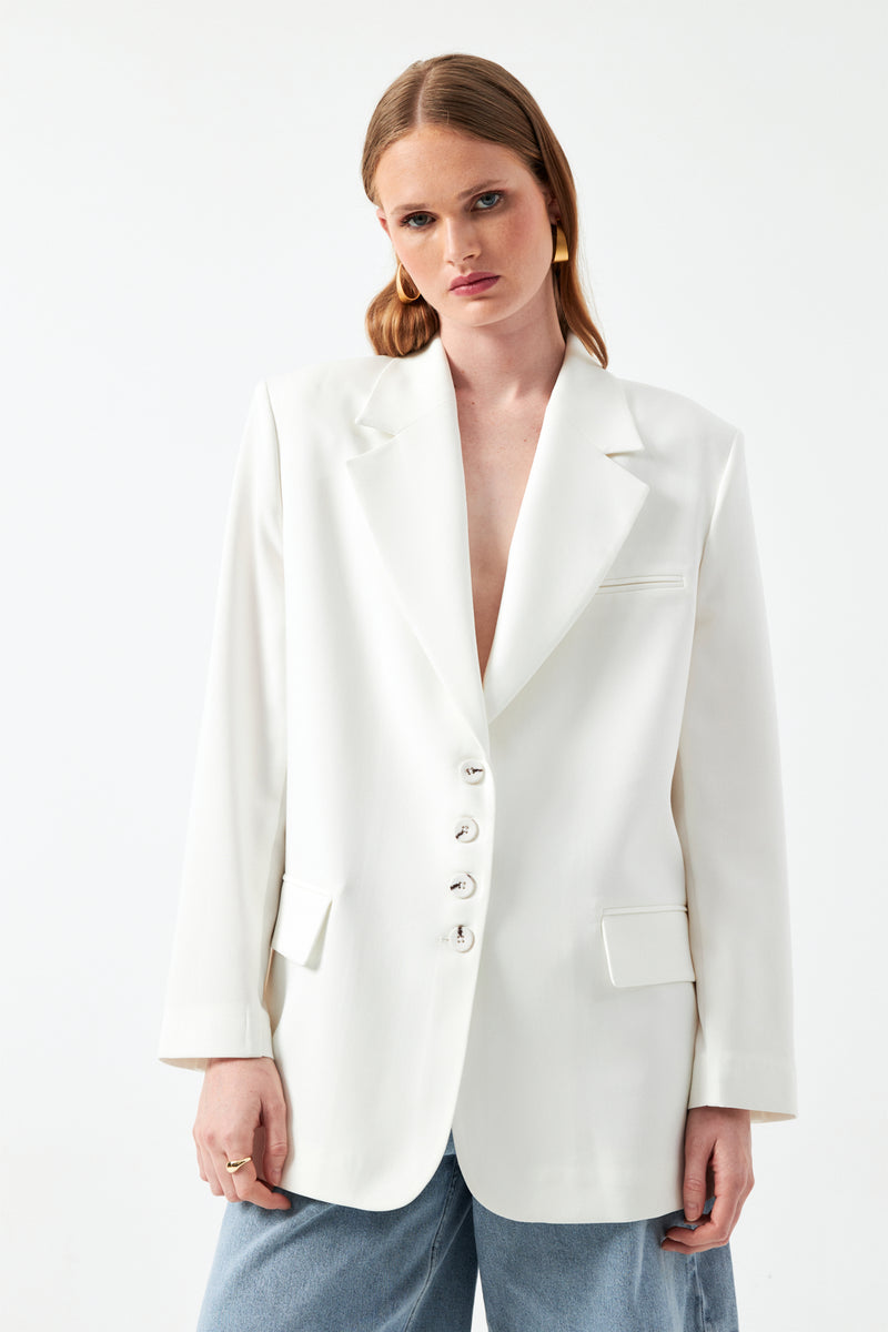 Düğmeli Uzun Blazer Ceket - Ekru