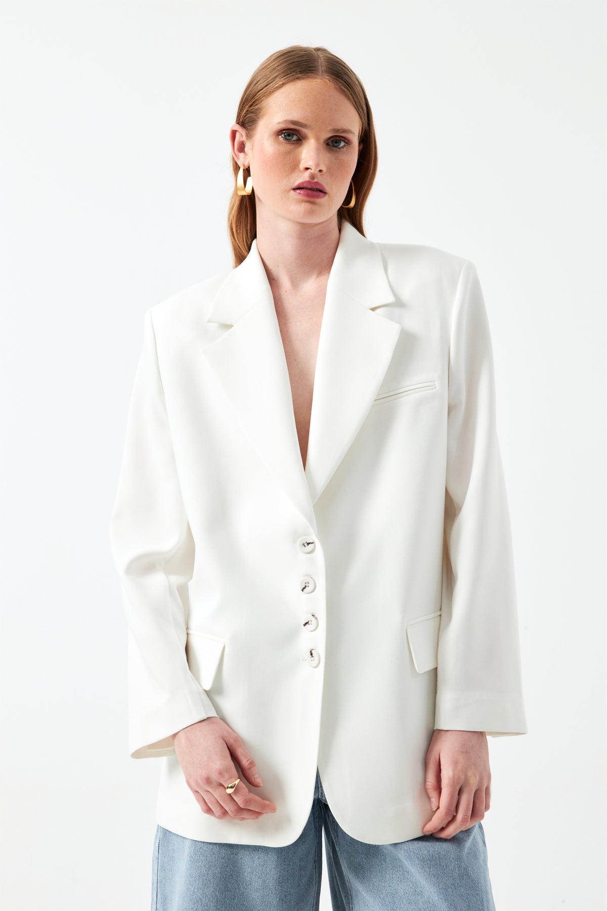Düğmeli Uzun Blazer Ceket - Ekru