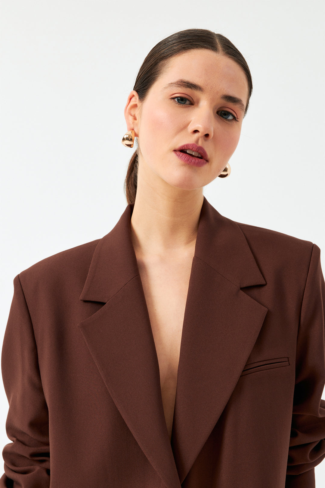 Düğmeli Uzun Blazer Ceket - Kahverengi