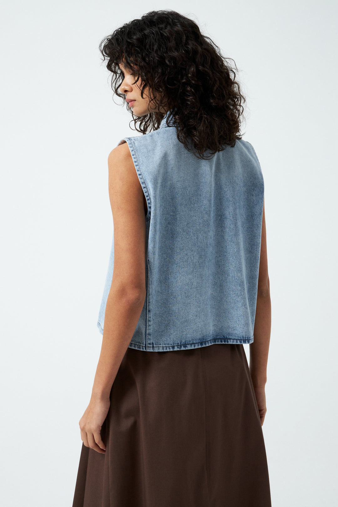 Düğmeli Sıfır Kol Denim Gömlek - Mavi