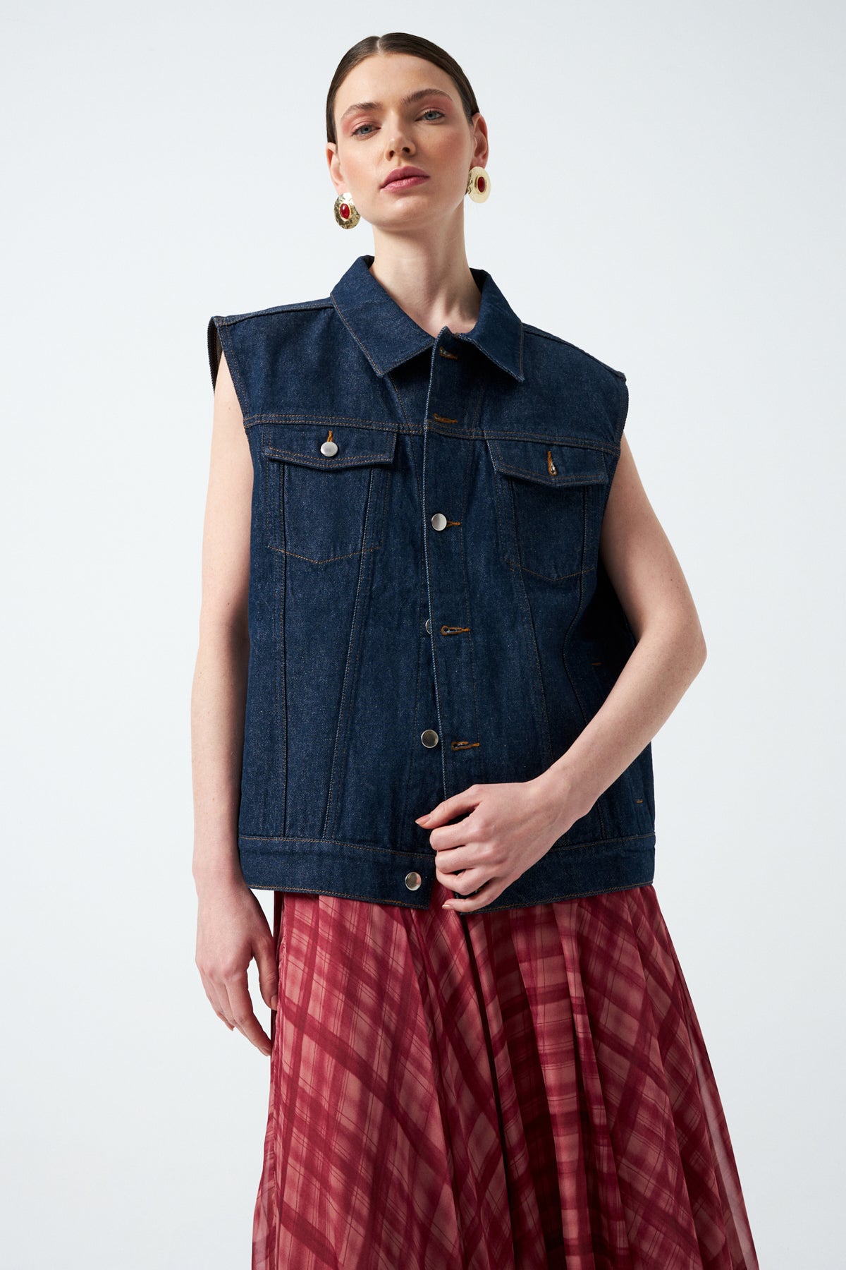 Düğmeli Sıfır Kol Denim Yelek - Lacivert