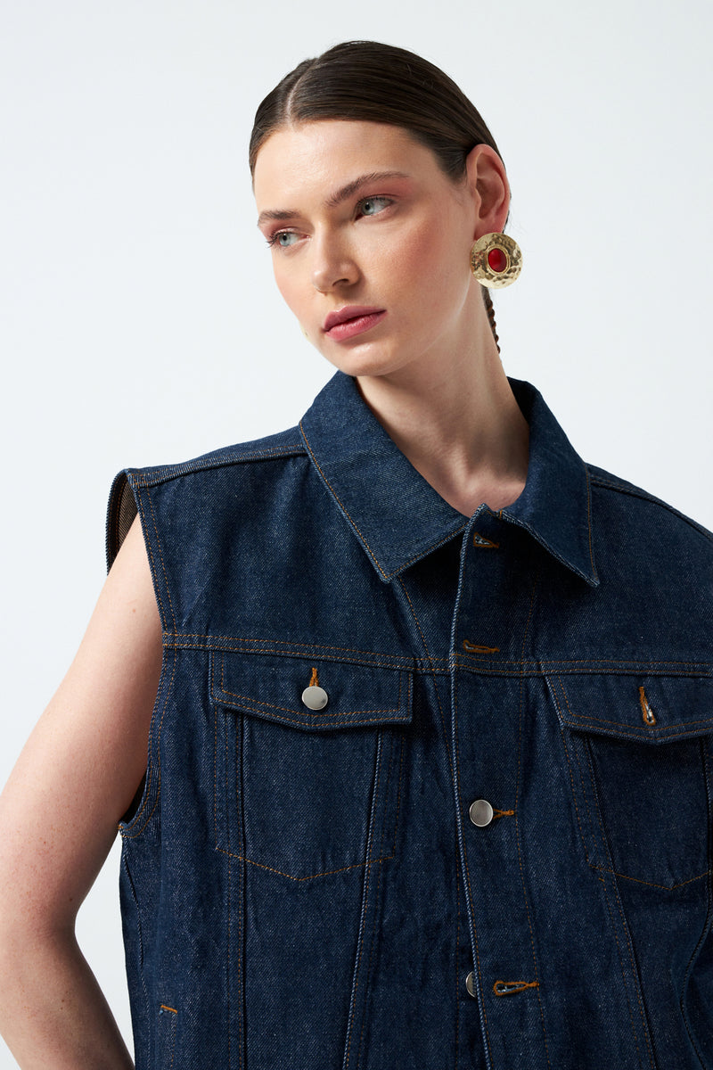 Düğmeli Sıfır Kol Denim Yelek - Lacivert