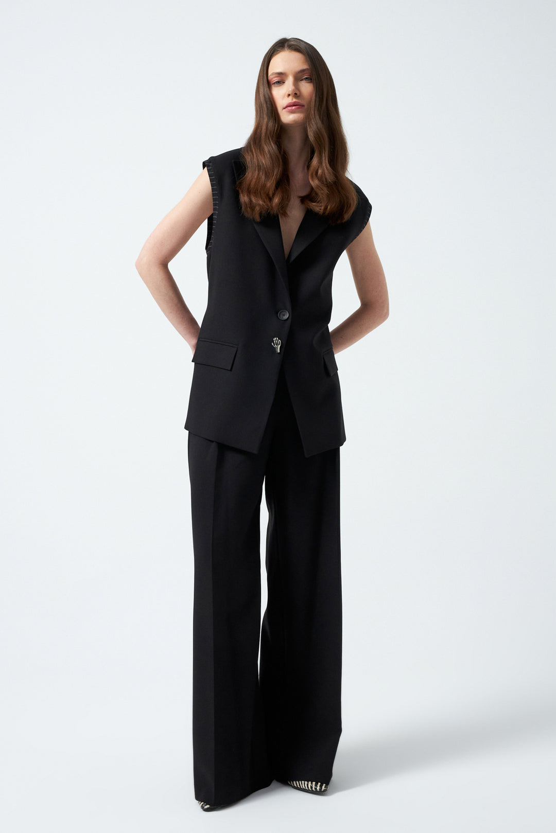 Kruvaze Yaka Yelekli Takım - Siyah