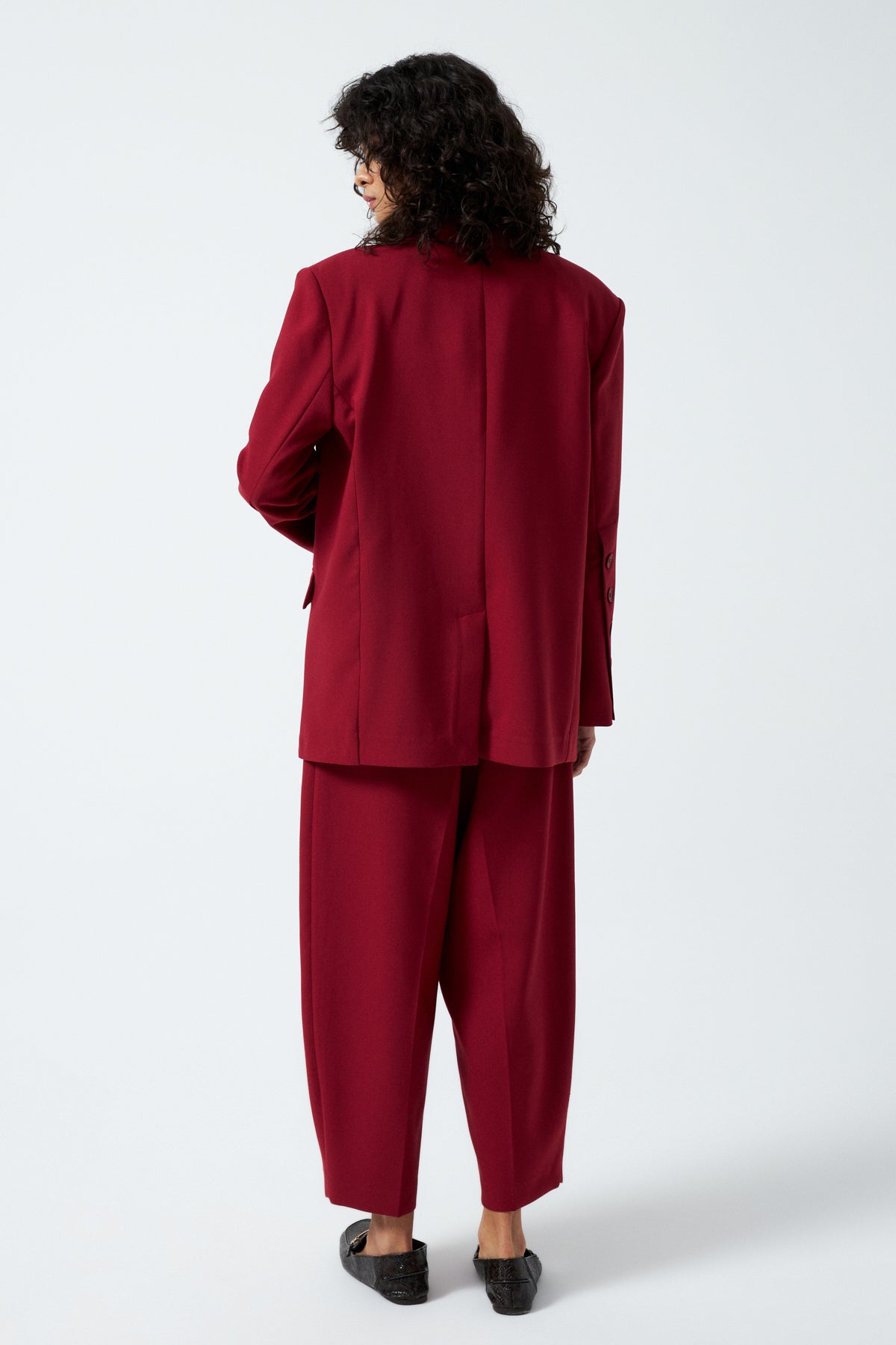 Düğme Detaylı Kruvaze Takım - Vişne