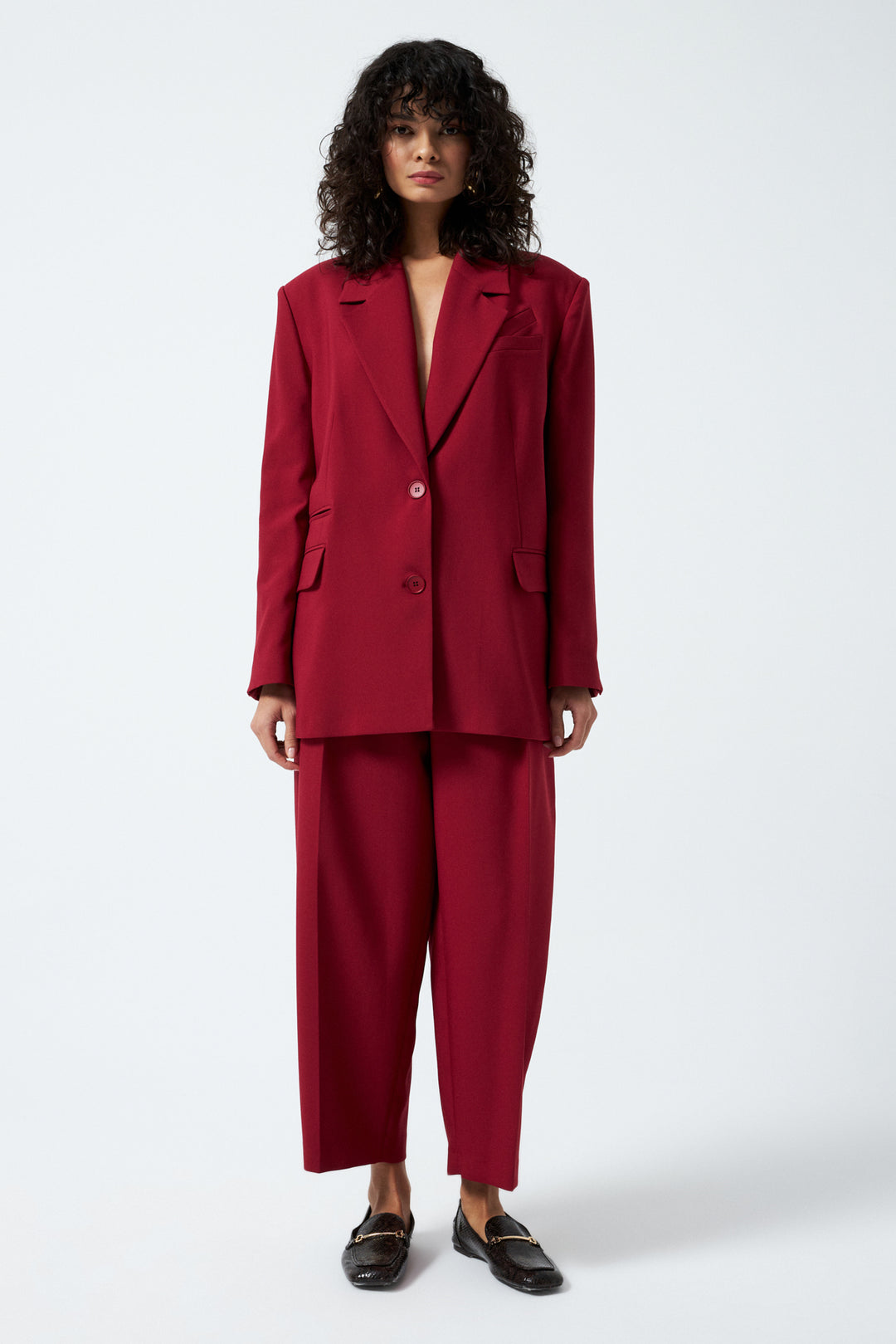 Düğme Detaylı Kruvaze Takım - Vişne