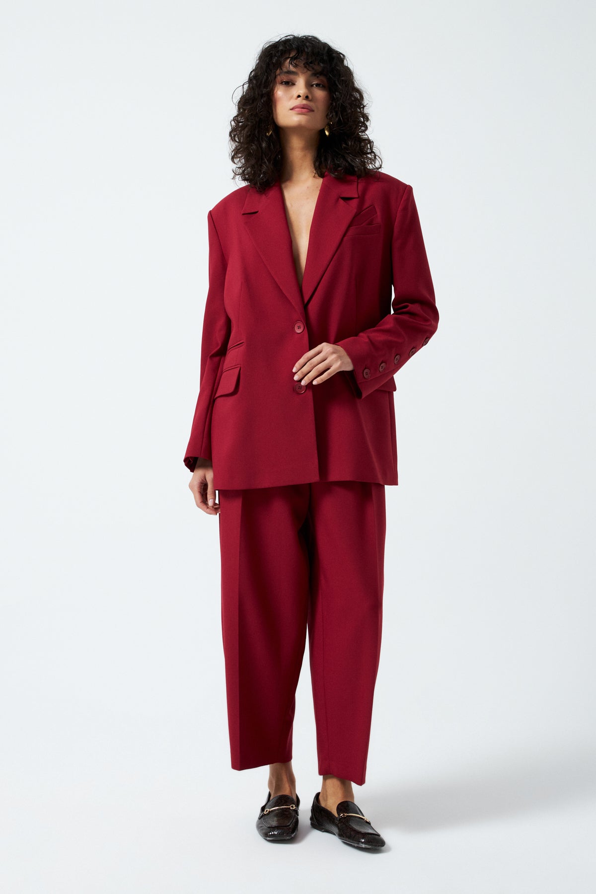 Düğme Detaylı Kruvaze Takım - Vişne