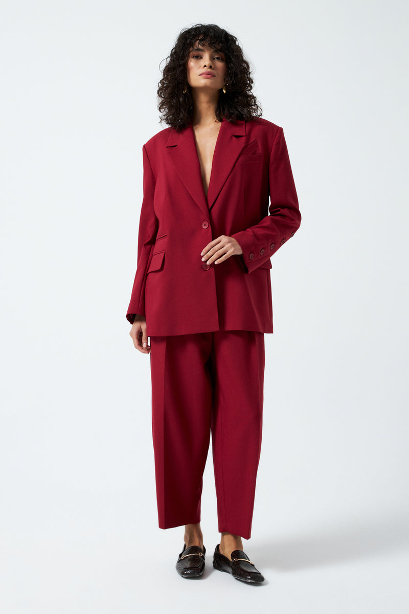 Düğme Detaylı Kruvaze Takım - Vişne