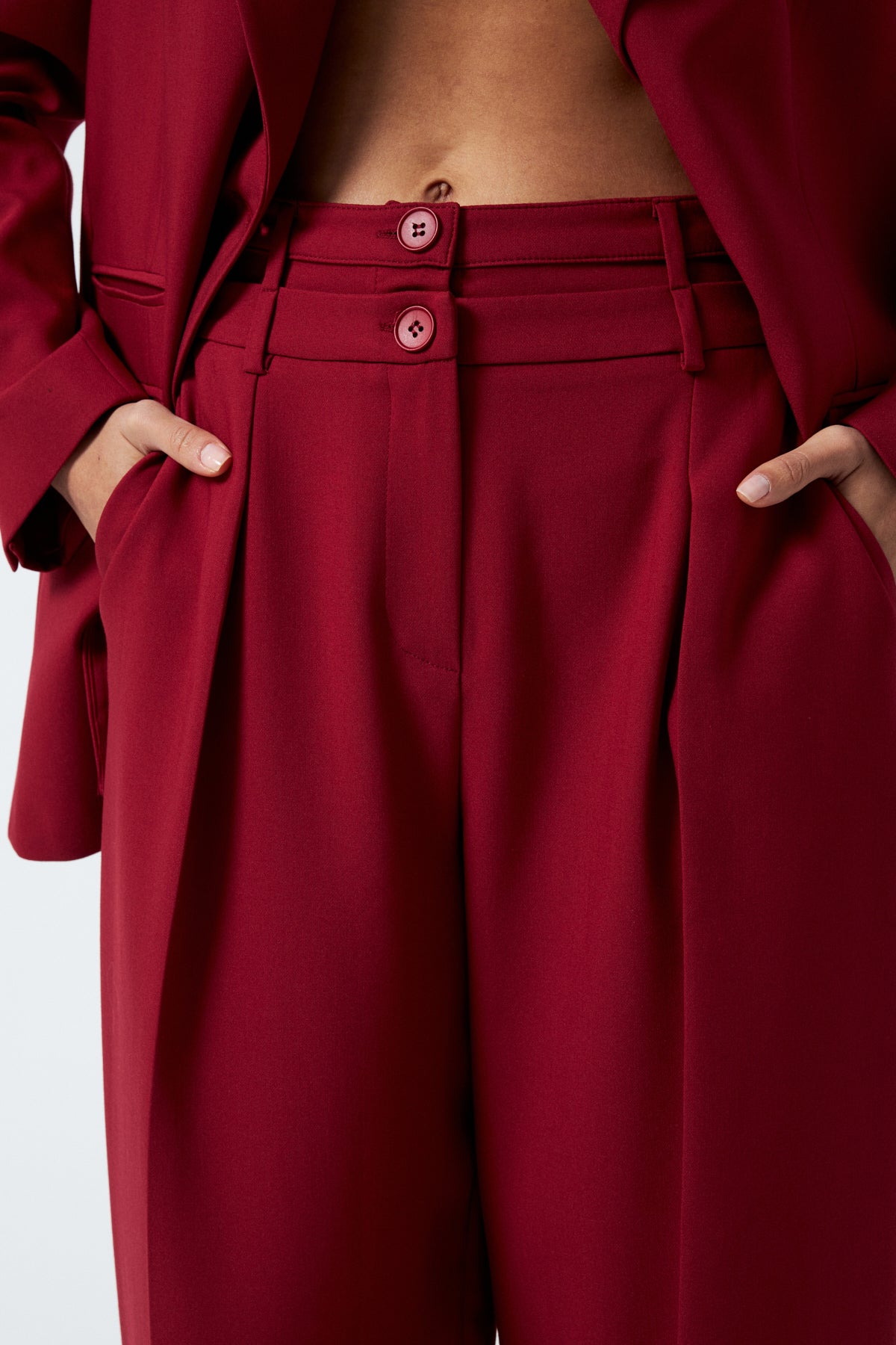 Düğme Detaylı Kruvaze Takım - Vişne