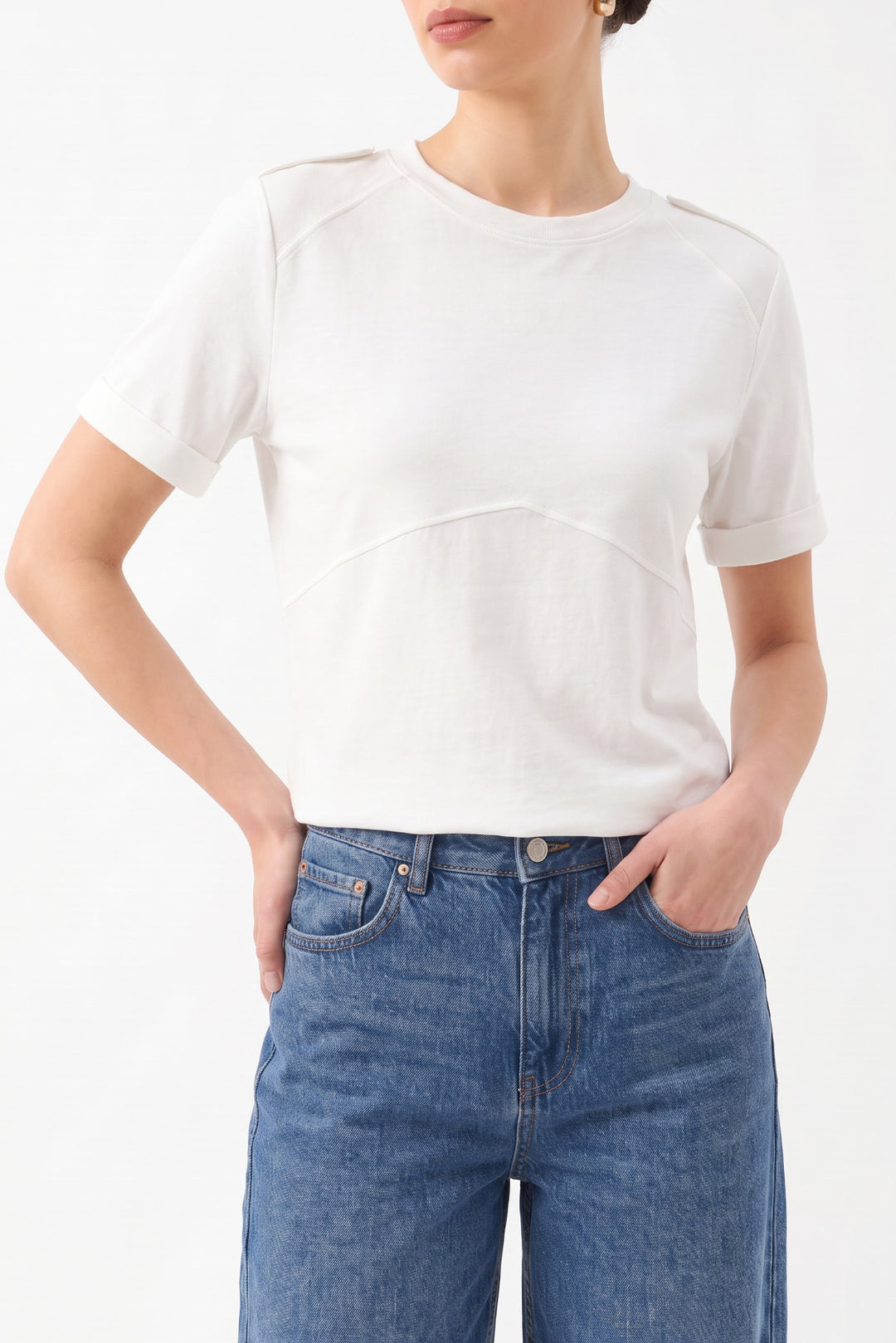 Degaje Yaka Kısa Kollu T-Shirt - Ekru