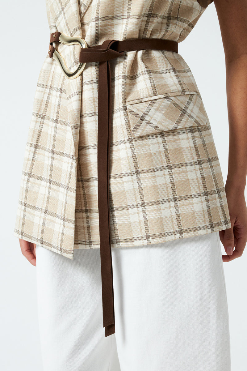 Kemerli Kruvaze Yaka Yelek - Bej