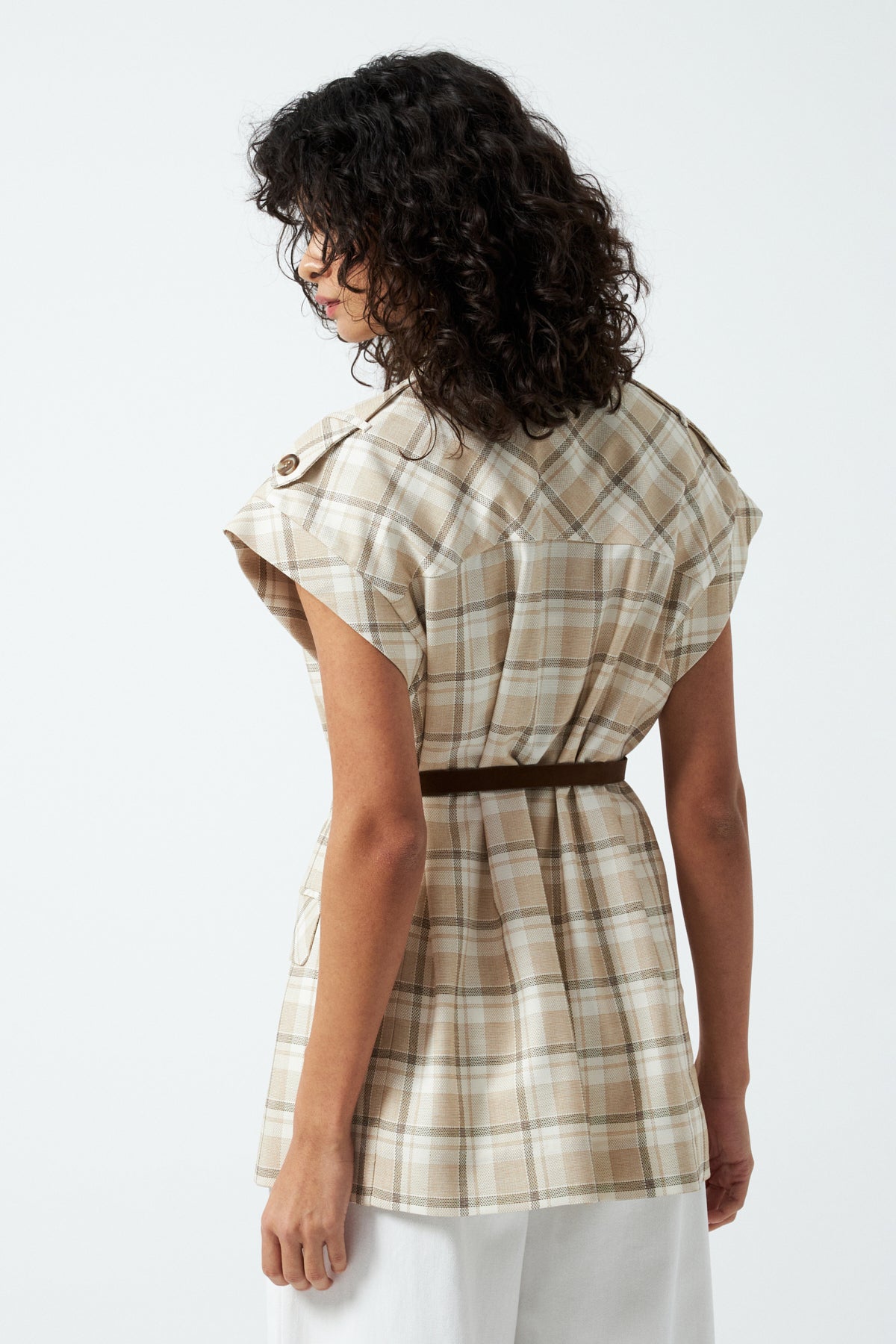 Kemerli Kruvaze Yaka Yelek - Bej