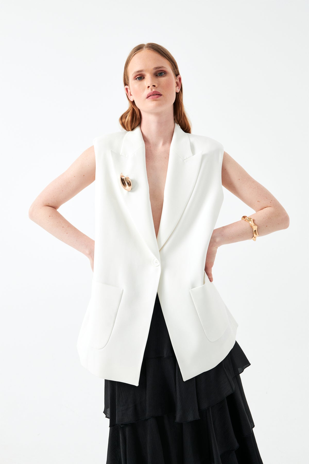 Kolsuz Siyah Blazer Yelek EKRU