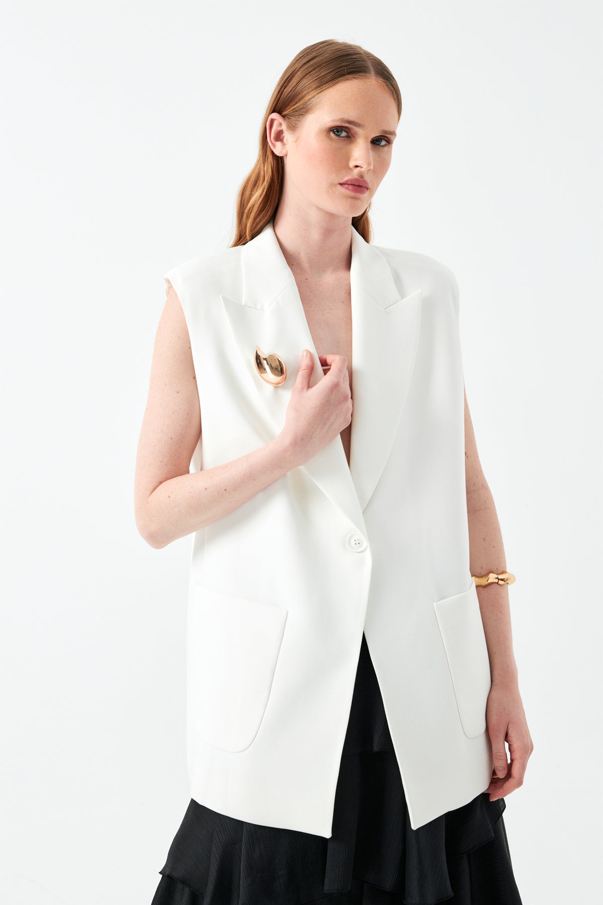 Kolsuz Siyah Blazer Yelek EKRU