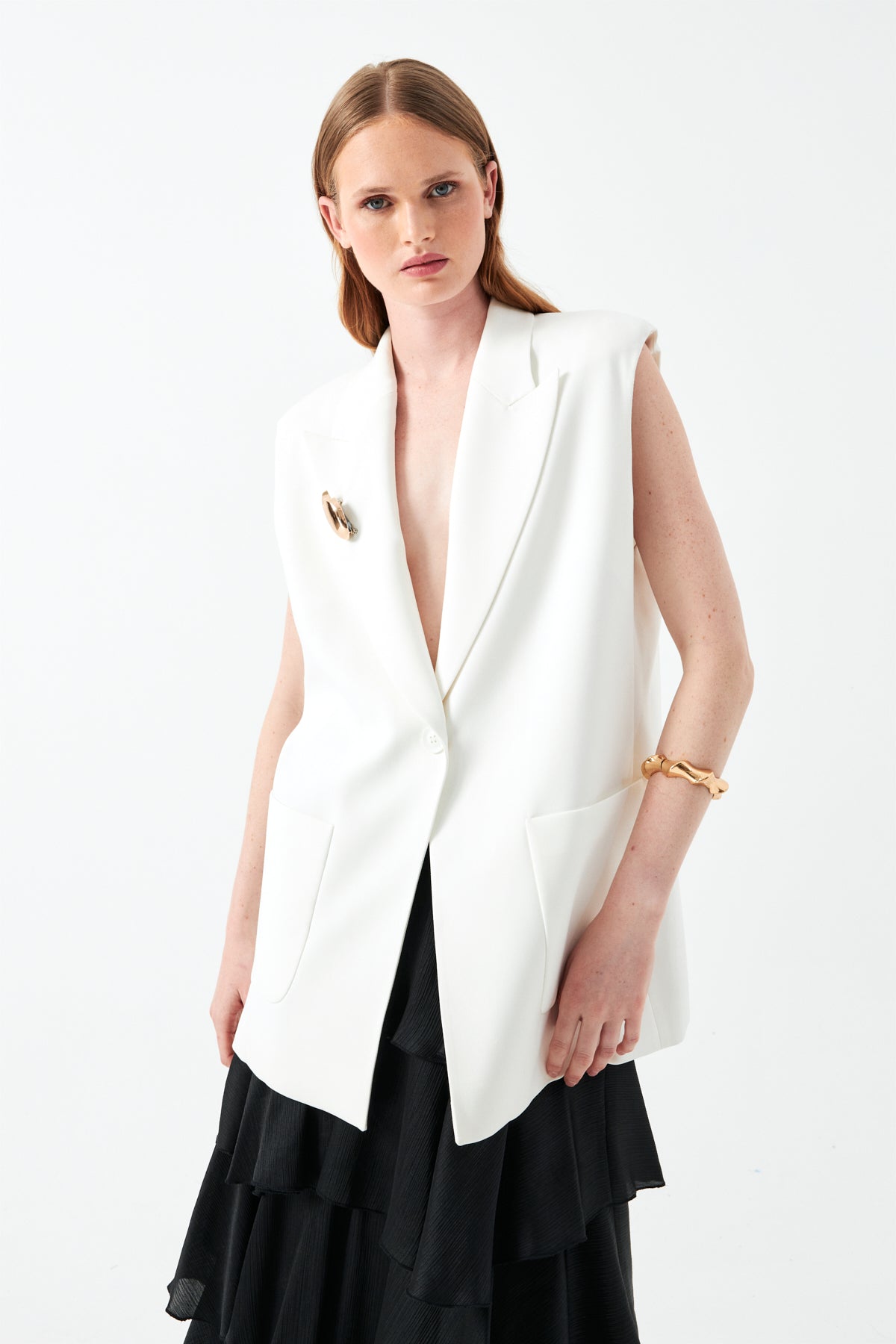 Kolsuz Siyah Blazer Yelek EKRU
