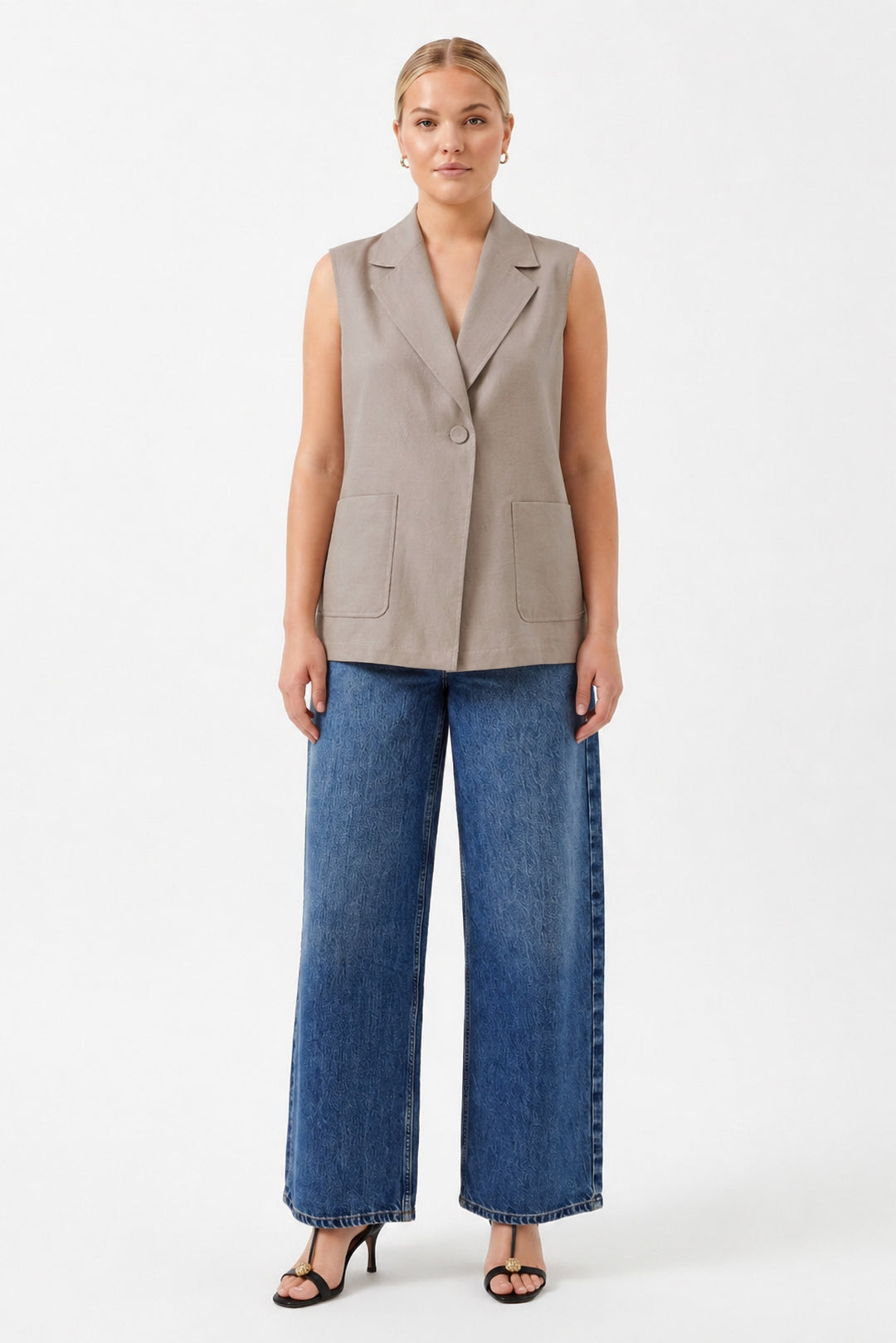 Oversize Ceket Yaka Kolsuz Yelek BEJ