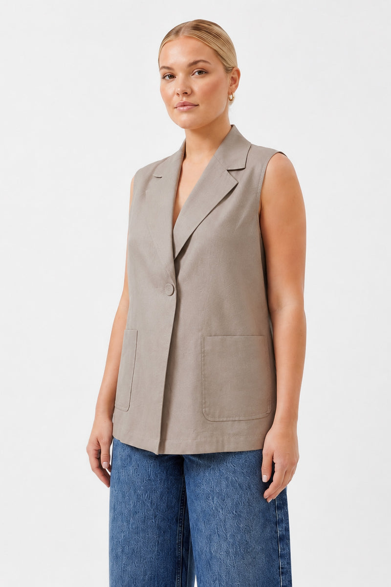 Oversize Ceket Yaka Kolsuz Yelek BEJ
