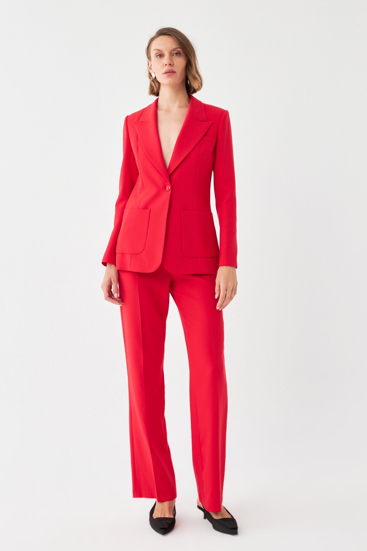 Tek Düğmeli Kırmızı Blazer & Pantolon