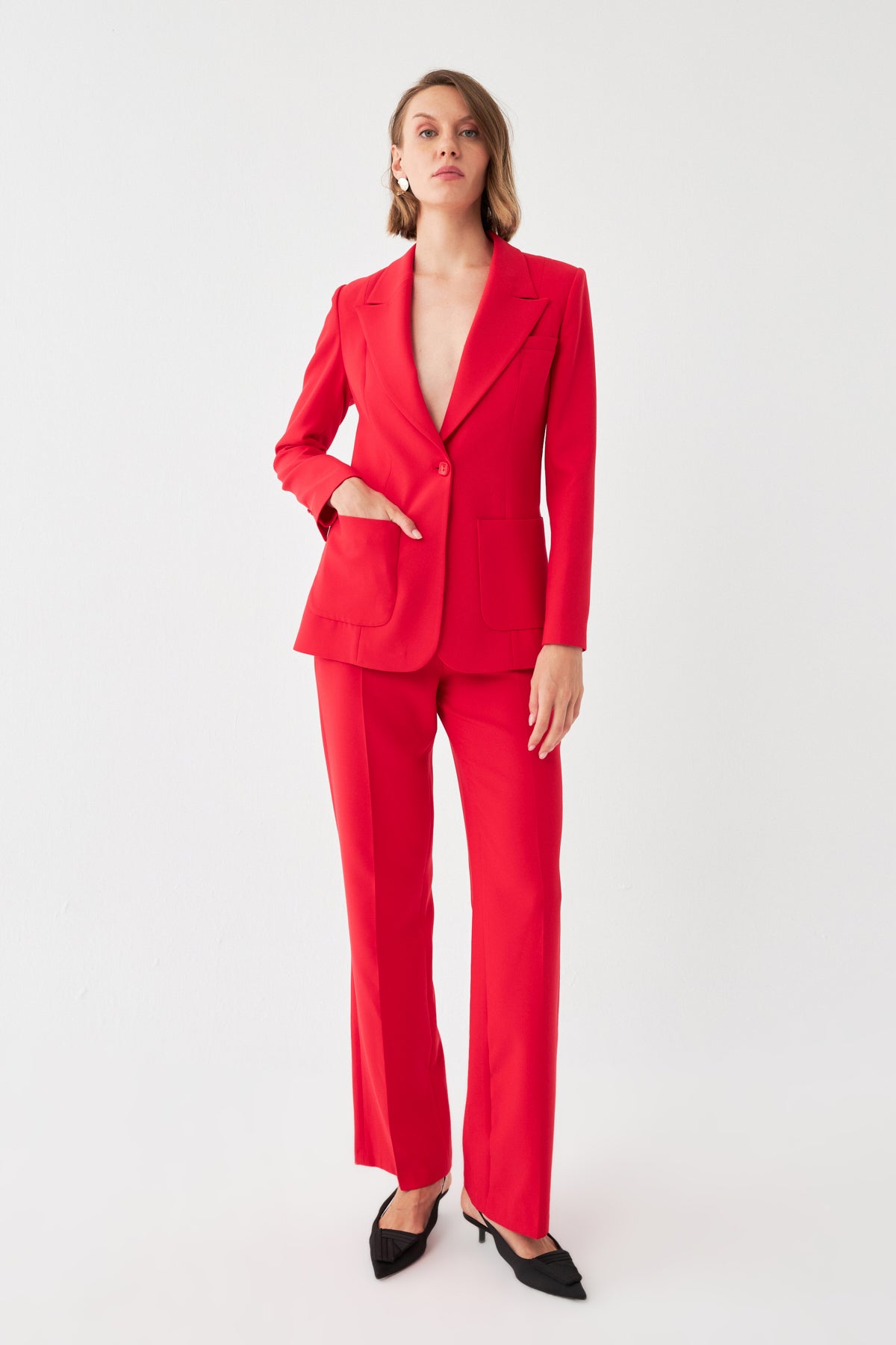 Tek Düğmeli Kırmızı Blazer & Pantolon