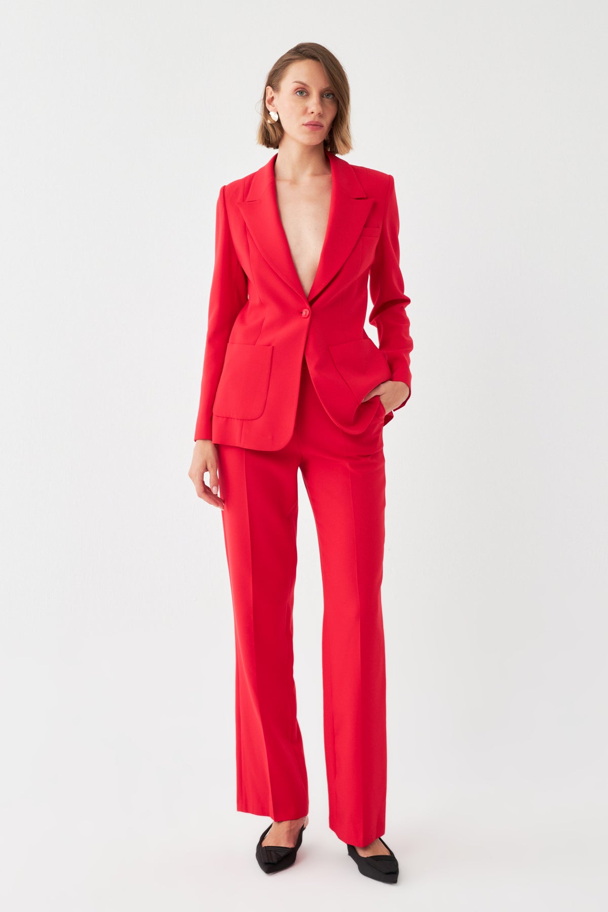 Tek Düğmeli Kırmızı Blazer & Pantolon
