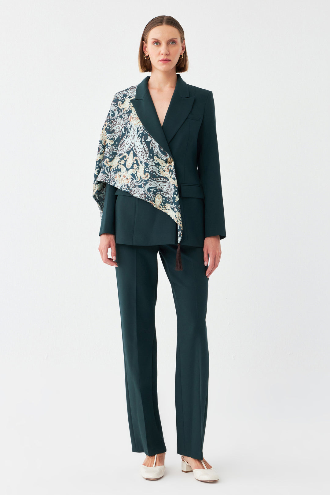 Desen Detaylı Yeşil Blazer Takım