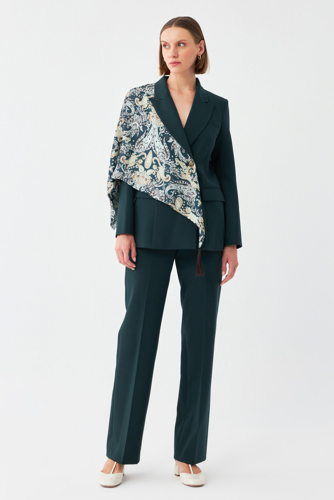 Desen Detaylı Yeşil Blazer Takım