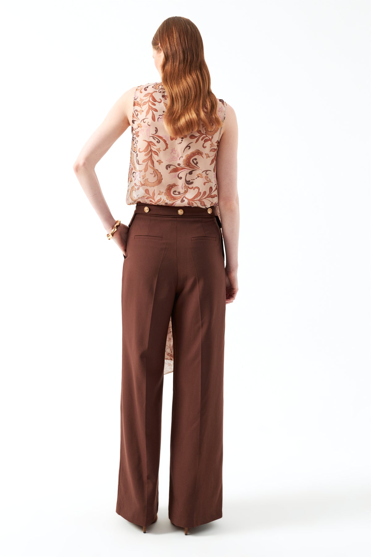 Düğme Detaylı Bol Paça Pantolon - Kahverengi
