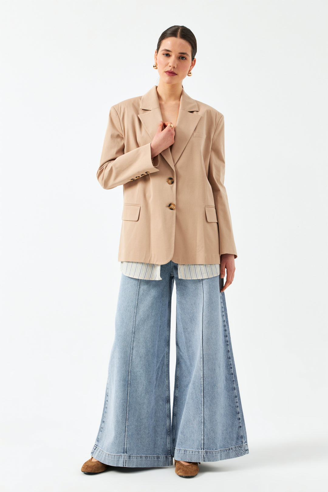 Düğmeli Blazer Ceket - Bej