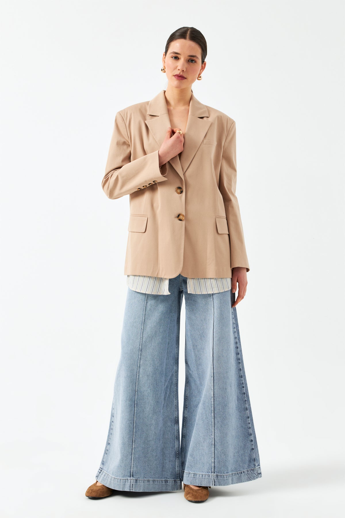 Düğmeli Blazer Ceket - Bej